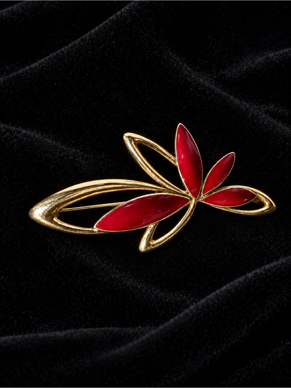 Trifari Red Enamel on Gold Floral Brooch